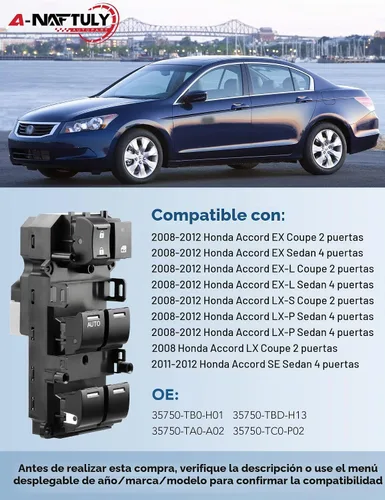 Vista 2 de Interruptor maestro de ventana eléctrica para lado del conductor, reemplazo, compatible con Honda Accord 2008 2009 2010 2011 2012, control