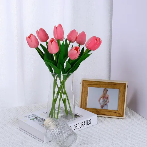 Vista 5 de 10 tulipanes falsos rosas de poliuretano de imitación de tulipanes artificiales para decoración, ramo de primavera falso para decoración de flores