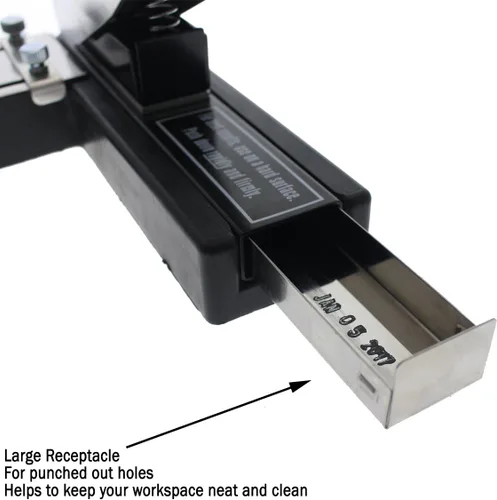 Vista 5 de Perforadora de ranura de identificación estilo grapadora resistente (rectángulo), con guías ajustables y base antideslizante para PVC, plástico