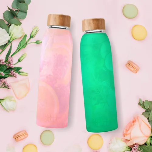 Vista 5 de Urban Green Botella de agua de vidrio con funda protectora de silicona y tapa de bambú, 18 onzas, tapa de acero inoxidable 304 1extra con asa, sin