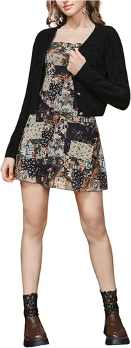 Vista 3 de WDIRARA Vestido corto de verano para mujer, estilo boho, con estampado de patchwork, tirantes finos, estilo cami, con volantes