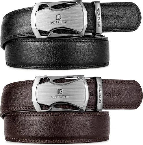 Vista 5 de BOSTANTEN Cinturones de vestir de trinquete para hombre, 2 paquetes, cinturones de cuero genuino para hombres con litera deslizante de clic, recorte