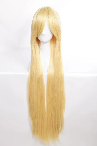 Vista 3 de S-noilite Peluca de cosplay de anime de 40 pulgadas, peluca sintética rubia rizada con flequillo y gorra, rubio dorado