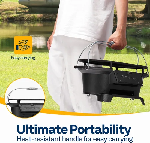 Vista 4 de VIVOHOME Parrilla ovalada de hierro fundido con rejillas intercambiables y plancha, 2 puertas de horno para control de calor, incluye guantes, póker