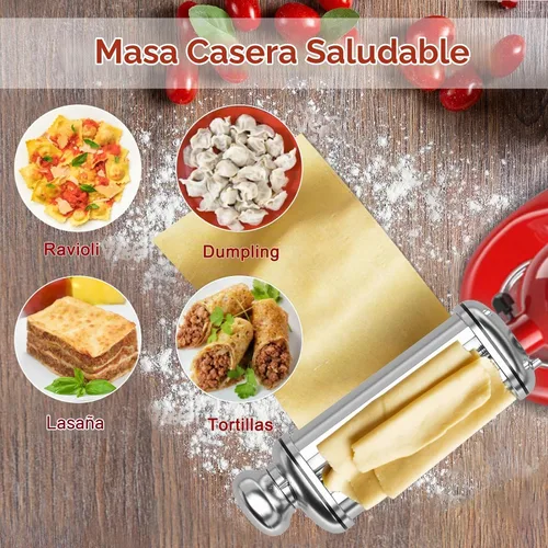 Vista 3 de Rodillo de pasta para batidora de pie KitchenAid, accesorio de rodillo de pasta de acero inoxidable con perilla de grosor ajustable de 8 posiciones