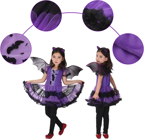 Vista 5 de Disfraz de vampiro de murciélago para niñas ropa de Halloween para niños vestido morado para cosplay Morado