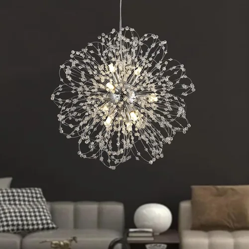 Vista 7 de Candelabros de cristal de fuegos artificiales, moderna lámpara de diente de león cromada, lámpara colgante Sputnik de 8 luces para dormitorio, isla
