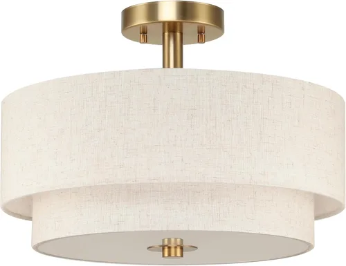 Vista 2 de XiNBEi Lighting Lámpara de Techo Semiempotrada de 16 pulgadas, Luminaria de Doble Tambor de Latón de 3 Luces con Pantalla de Lino para Techo