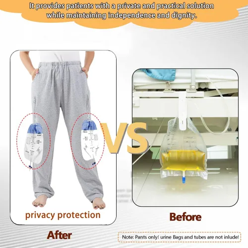 Vista 4 de Pantalones de catéter para hombres/mujeres, pantalones de nefrostomía/urinaria, capacidad para 2 bolsas de orina (negro, cintura: 25.9''37'')