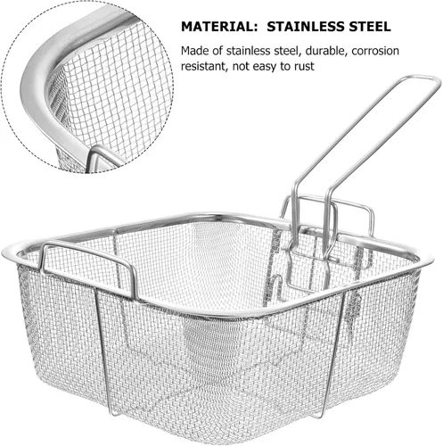 Vista 2 de Hemoton Cesta cuadrada de acero inoxidable para freír de 12.9 x 7.9 pulgadas con mango plegable, colador de freidora profunda para papas fritas