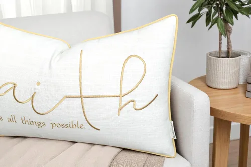 Vista 5 de Rudransha - Funda de almohada lumbar bordada con versículo bíblico de la fe de 12 x 20 pulgadas, regalo cristiano de algodón marfil, decoración