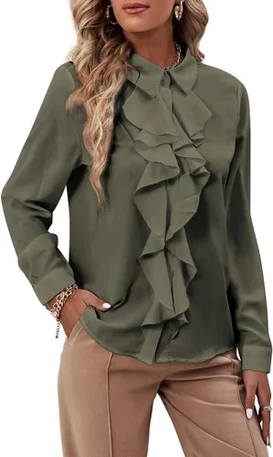 Vista 14 de LYANER - Blusa de manga larga con cuello de botón y volantes en la parte delantera para mujer