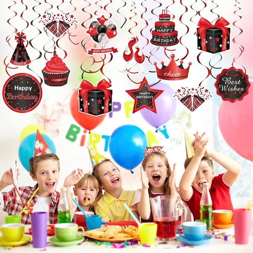 Vista 7 de Funrous 30 remolinos colgantes de feliz cumpleaños rojos y negros, decoraciones de fiesta de cumpleaños, decoraciones de remolinos colgantes