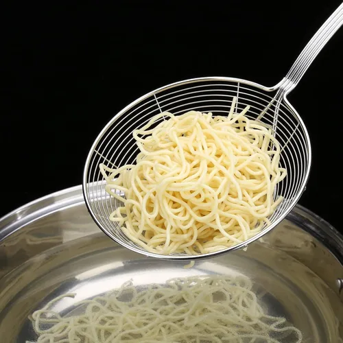 Vista 7 de Colador Skimmer, colador de araña de acero inoxidable, cucharón para pasta, espaguetis, fideos y freír en la cocina, cuenco de 6 pulgadas