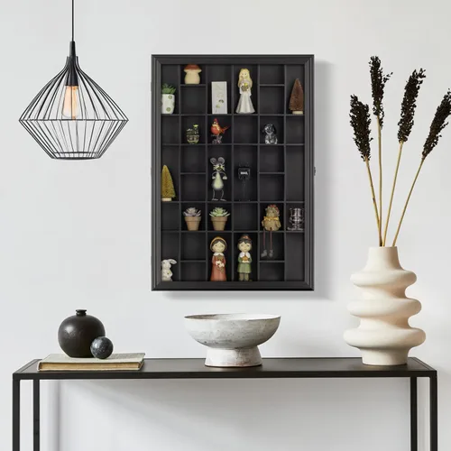 Vista 5 de Gallery Solutions - Negro montado en pared - Vitrina para vasos de chupito y curiosidades - Puerta de cristal de 17"x26" - Accesorios de bar
