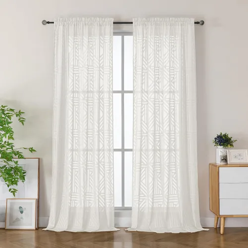 Vista 60 de Simplebrand Cortinas traslúcidas negras de cocina de 24 pulgadas de largo, 2 paneles, filtrado de luz, geométrico jacquard con textura, cortinas