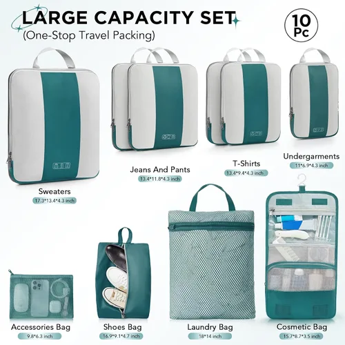 Vista 2 de Juego de 10 cubos de compresión para artículos esenciales de viaje, cubos de embalaje expandibles compresibles para maleta, bolsas organizadoras