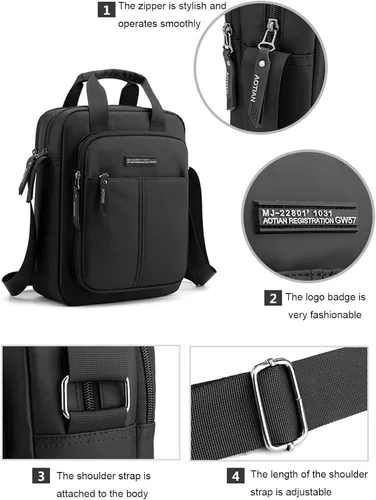 Vista 4 de Bolso bandolera de nailon para hombre, impermeable, casual, color negro, para trabajo, viajes, escuela, color negro, Negro