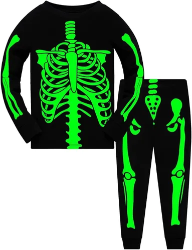 Vista 2 de Pijamas de Halloween para niños y niñas, pijamas de esqueleto que brillan en la oscuridad, pijamas de calabaza para niños, ropa de dormir 100%