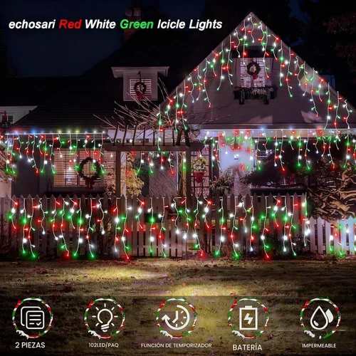 Vista 4 de Paquete de 2 luces de carámbano de Navidad rojas, blancas y verdes