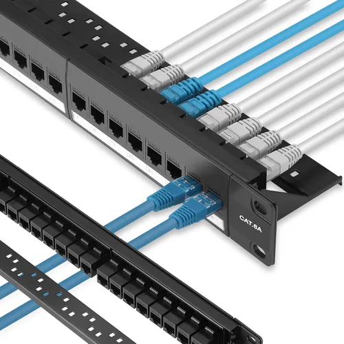 Vista 12 de Rapink Panel de conexión de 24 puertos Cat6 con soporte Keystone en línea 10G, panel de conexión con acoplador de paso UTP de 19 pulgadas con barra