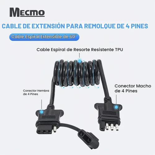 Vista 2 de MECMO Cable de extensión de cable plano de 4 pines para remolque de 5 pies, conector de 4 vías para el lado del vehículo y el lado del remolque