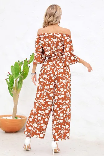Vista 5 de Enterizo de verano estilo informal para mujer, estampado floral, hombros descubiertos y manga corta, diseño con volantes, corte holgado, cintura