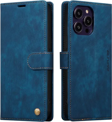 Vista 10 de QLTYPRI Funda para iPhone 13, funda de piel sintética con cierre magnético, soporte para tarjetas, función atril, a prueba de golpes, funda Azul