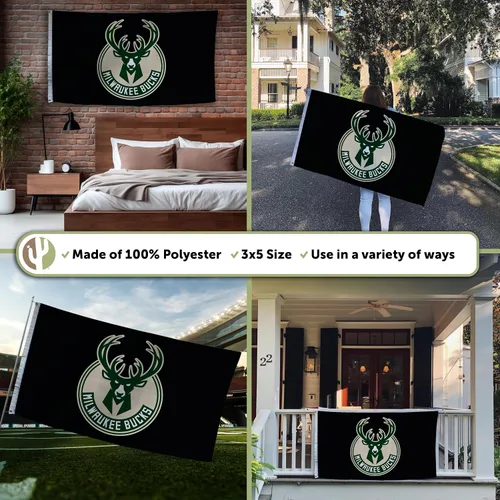 Vista 3 de Desert Cactus Milwaukee Bucks Flag Team NBA National Basketball Association 100% poliéster para interiores y exteriores, banderas de 3 x 5 pies