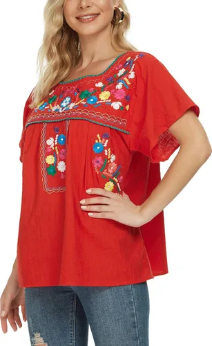 Vista 4 de YZXDORWJ - Cómoda blusa mexicana bordada de verano y sin mangas para mujer