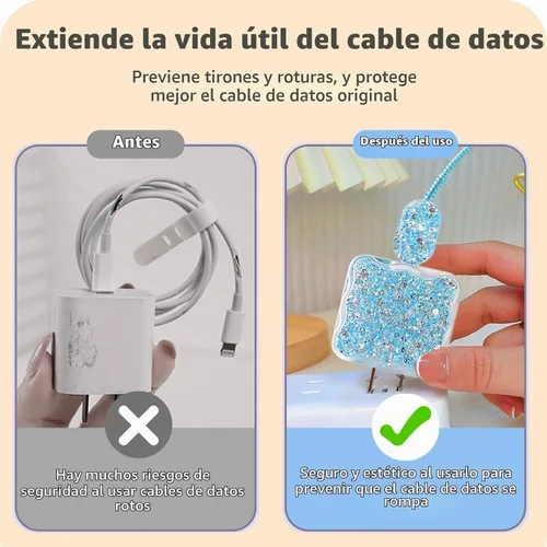 Vista 4 de CameCosy Protector de cable de lujo compatible con cargador de iPhone, diseño de borde ondulado con purpurina, funda USB de línea de datos Azul