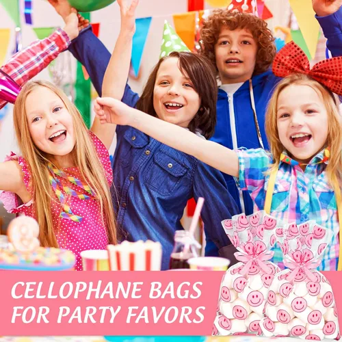 Vista 5 de Whaline 100 bolsas de celofán con patrón de sonrisa rosa con cintas, bolsas de golosinas para celofán con sonrisas, bolsas de golosinas