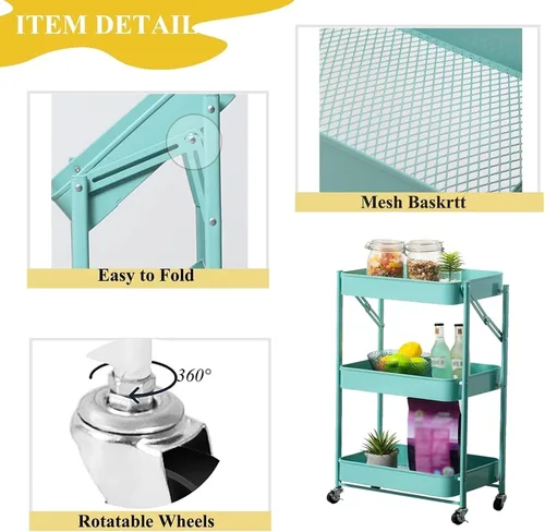 Vista 4 de Carrito de almacenamiento de frutas y verduras, carrito plegable de metal para cocina, estante organizador de almacenamiento de 3 niveles