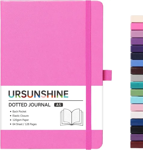 Vista 51 de Cuaderno punteado, diario, 5.3 x 8.26 pulgadas, tapa dura, prémium, papel grueso, doble espiral, bandas, cuero negro sintético, lazo para bolígrafo