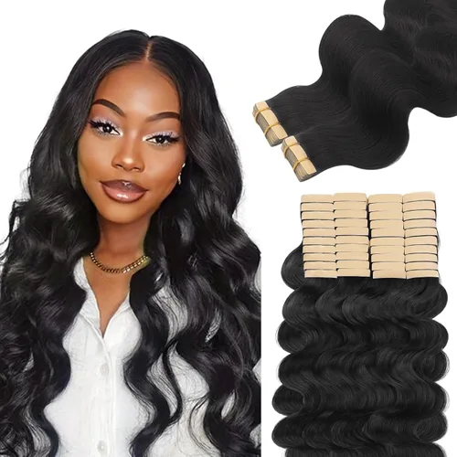 Vista 12 de Extensiones de cabello Lashey de 14 pulgadas; extensiones de cabello humano real lacio color negro azabache con trama adhesiva para mujeres, 20