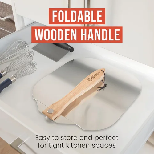 Vista 4 de Pomodoro pala para pizza de aluminio con asa de madera plegable para guardar fácilmente, de 12" x 14", para cocinar pan y pizzas en el hogar