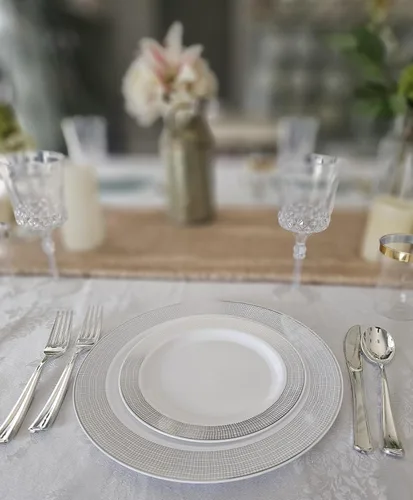 Vista 5 de Occasions" - Juego de 300 piezas y 60 platos de plástico desechables para bodas y cubiertos (lino blanco y plateado, cubiertos plateados)