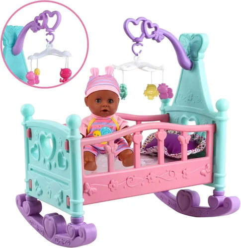Vista 2 de deAO Conjunto de Muñeca Bebé Negra - Móvil, Silla Alta, Cochecito y Accesorios de Alimentación - Juego de 21 Piezas (Muñeca Incluida) 21 PCS Baby