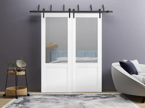 Vista 2 de SARTODOORS Panel de puerta de granero de losa de 28 x 96 pulgadas Lucia 1533 seda blanca con vidrio transparente Puertas con acabado resistente