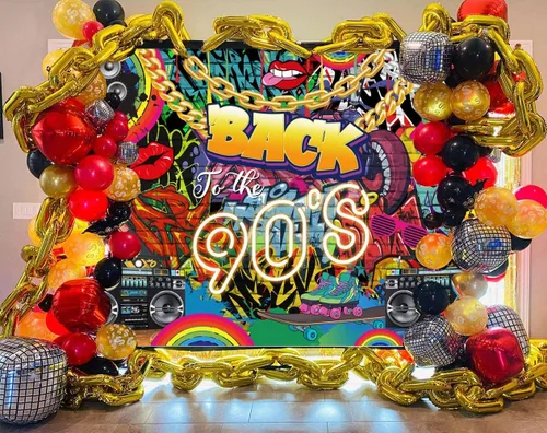 Vista 3 de Sensfun Decoraciones de fiesta de los años 90, pancarta de regreso a los 90, telón de fondo de los años 90, fondo de pared de ladrillo de graffiti