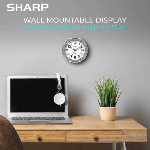 Vista 8 de Sharp Silent Sweep - Reloj despertador analógico sin tictac, escritorio de metal cepillado o reloj de pared con soporte de madera auténtica