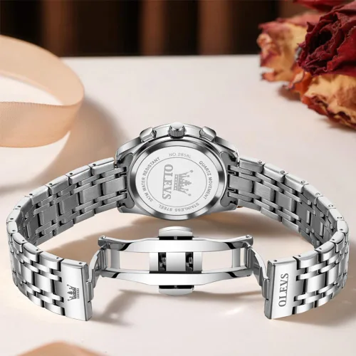 Vista 7 de OLEVS Reloj multifuncional de dos tonos para mujer, reloj analógico de cuarzo para mujer, de acero inoxidable, resistente al agua, con diamantes