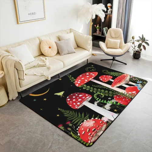 Vista 10 de Alfombra de hongos de 4 x 5, alfombra rústica de plantas de hongos salvajes coloridos, alfombra de suelo de madera de acera estilo granja, alfombra