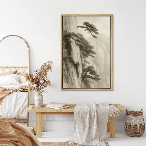 Vista 2 de SIGNLEADER Lienzo enmarcado para pared, pinos resistentes en acantilado, árbol de montaña en tono sepia, ilustración de paisaje, arte moderno