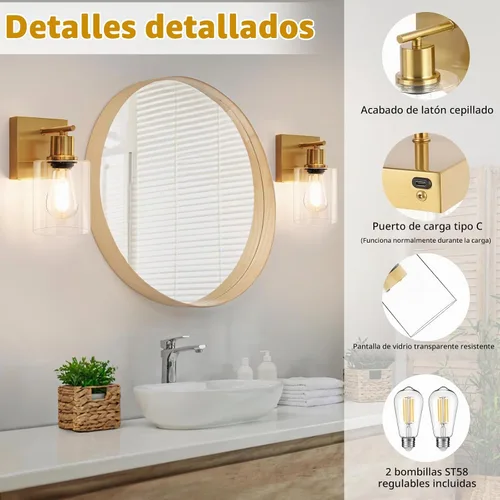Vista 5 de Juego de 2 lámparas de pared, apliques de pared que funcionan con pilas, lámpara de pared moderna de latón cepillado ajustable inalámbrica