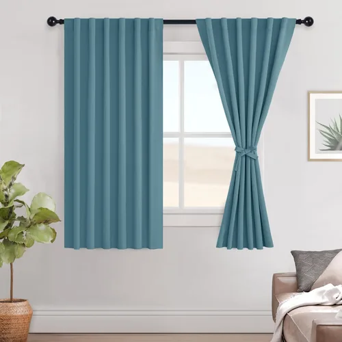 Vista 21 de Hiasan Cortinas opacas negras para dormitorio, cortinas opacas cortas de 45 pulgadas de largo, con aislamiento térmico, bolsillo para barra