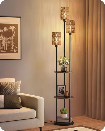 Vista 12 de Lámpara de pie con estantes, moderna lámpara de pie con 3 pantallas de lino e interruptor de pie, lámpara de pie de 3 luces, para sala de estar
