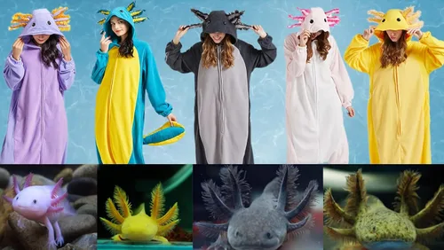 Vista 7 de DELEY Unisex Axolotl Onesie Adult Halloween Costume Anime Axolotl Cosplay Pajamas Warm Sleepwear Homewear