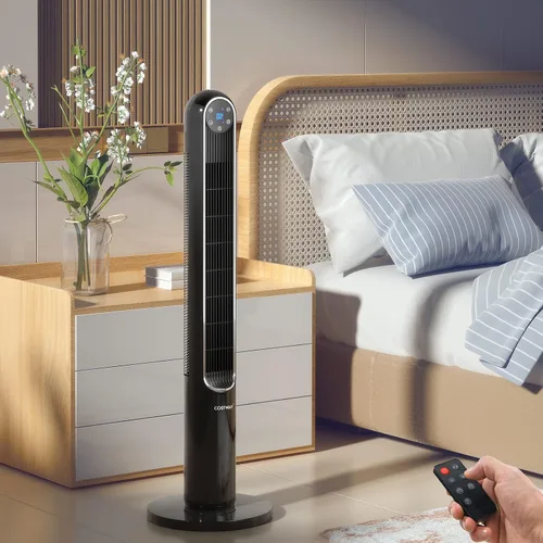 Vista 2 de COSTWAY Ventilador de torre, ventilador oscilante portátil de 42 pulgadas de 80 grados con control remoto, 3 modos de viento, panel de control