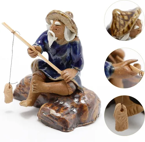 Vista 8 de 3 piezas de pescador estatua de pesca adorno bonsái accesorio árbol olla china hombre cerámica jardín decoración pecera bonsái jardín decoración